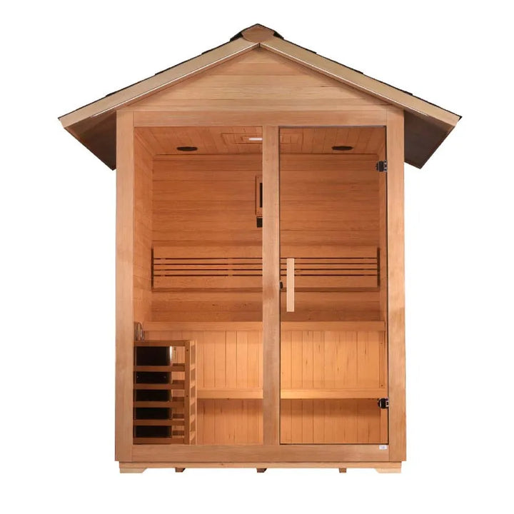 Golden Designs "Arlberg" 3 Person Traditional Outdoor Sauna -  Canadian Hemlock - Front View