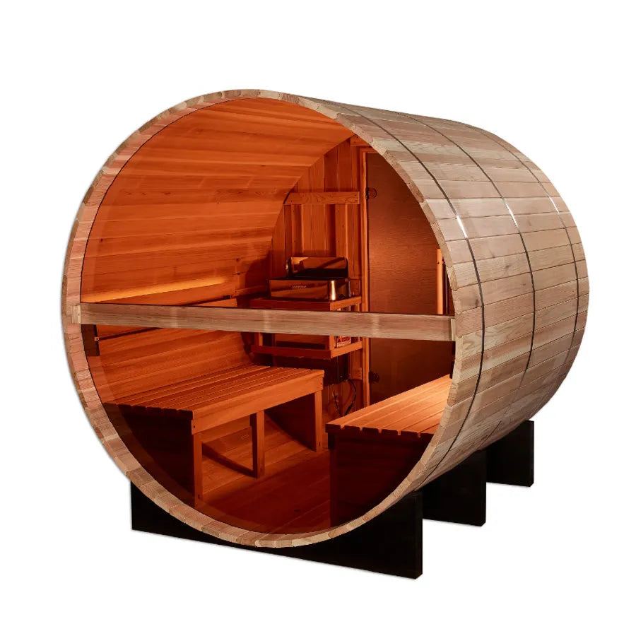 Golden Designs "Zurich" 4 Person Barrel with Bronze Privacy View - Traditional Sauna -  Pacific Cedar - Inside View