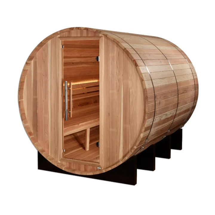 Golden Designs "Klosters" 6 Person Barrel Traditional Sauna -  Pacific Cedar - Left View