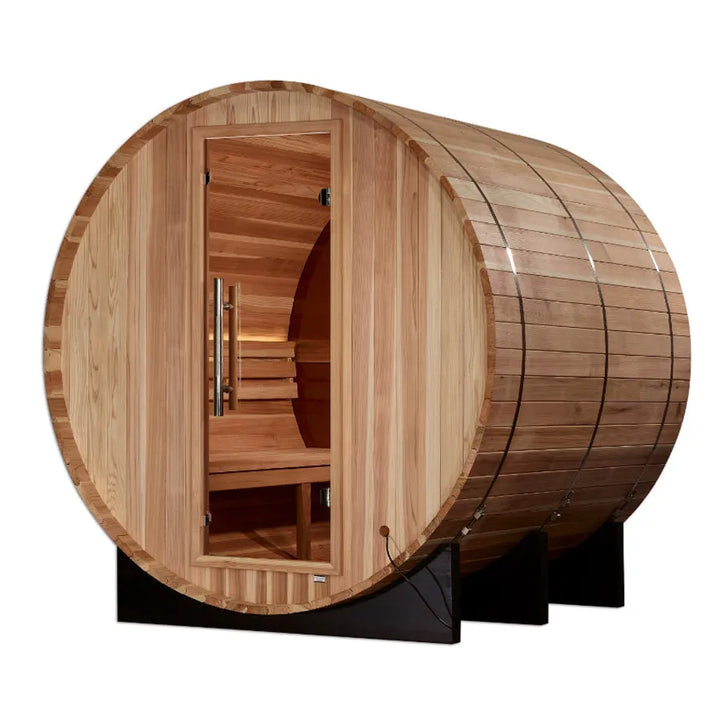 Golden Designs "Zurich" 4 Person Barrel with Bronze Privacy View - Traditional Sauna -  Pacific Cedar - Left View