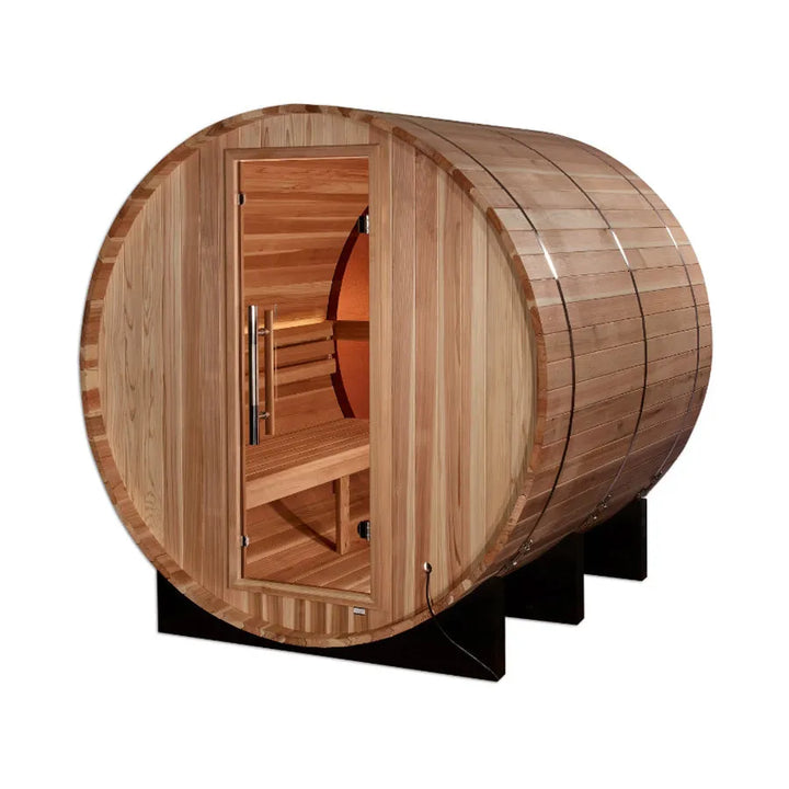 Golden Designs "Zurich" 4 Person Barrel with Bronze Privacy View - Traditional Sauna -  Pacific Cedar - Left View