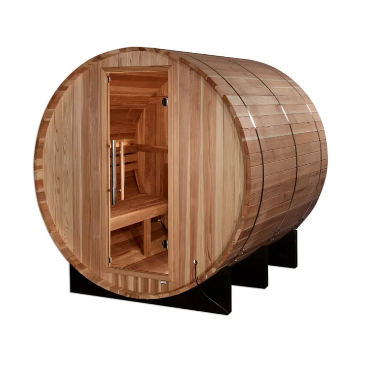 Golden Designs "Arosa" 4 Person Barrel Traditional Sauna -  Pacific Cedar -  Left View