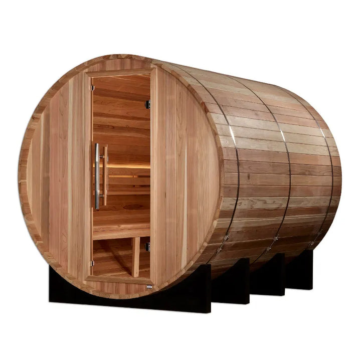 Golden Designs "Klosters" 6 Person Barrel Traditional Sauna -  Pacific Cedar - Left View