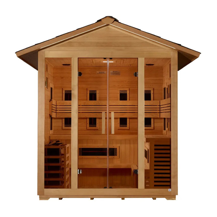 Golden Designs "Gargellen" 5 Person Hybrid Outdoor Sauna -  Canadian Hemlock - Front View