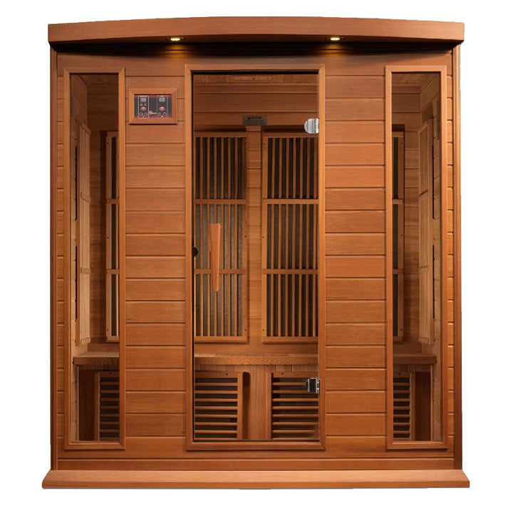 Maxxus "Chaumont Edition" 4-Person Corner Near Zero EMF FAR Infrared Sauna - Canadian Red Cedar - Wish Rock Relaxation