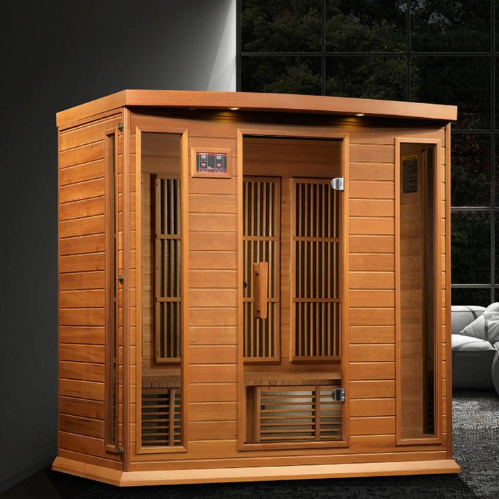 Maxxus "Chaumont Edition" 4-Person Corner Near Zero EMF FAR Infrared Sauna - Canadian Red Cedar - Wish Rock Relaxation