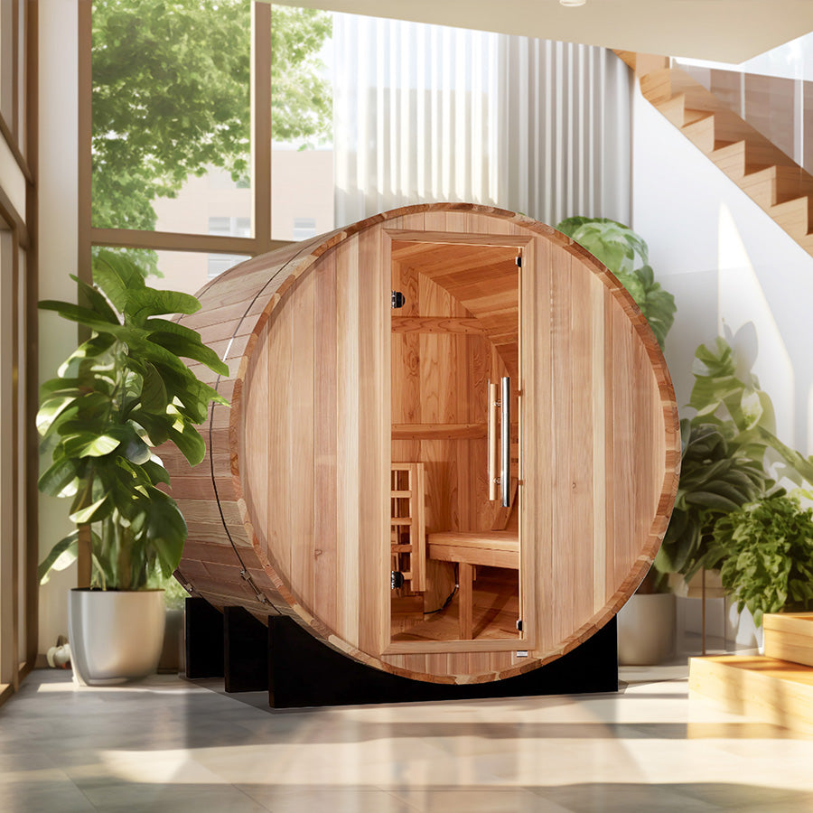 Golden Designs "St. Moritz" 2 Person Barrel Traditional Sauna -  Pacific Cedar - Lifestyle 