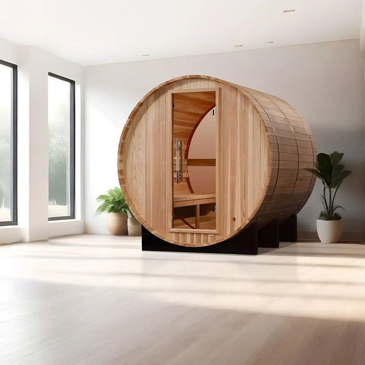 Golden Designs "Zurich" 4 Person Barrel with Bronze Privacy View - Traditional Sauna -  Pacific Cedar - Lifestyle